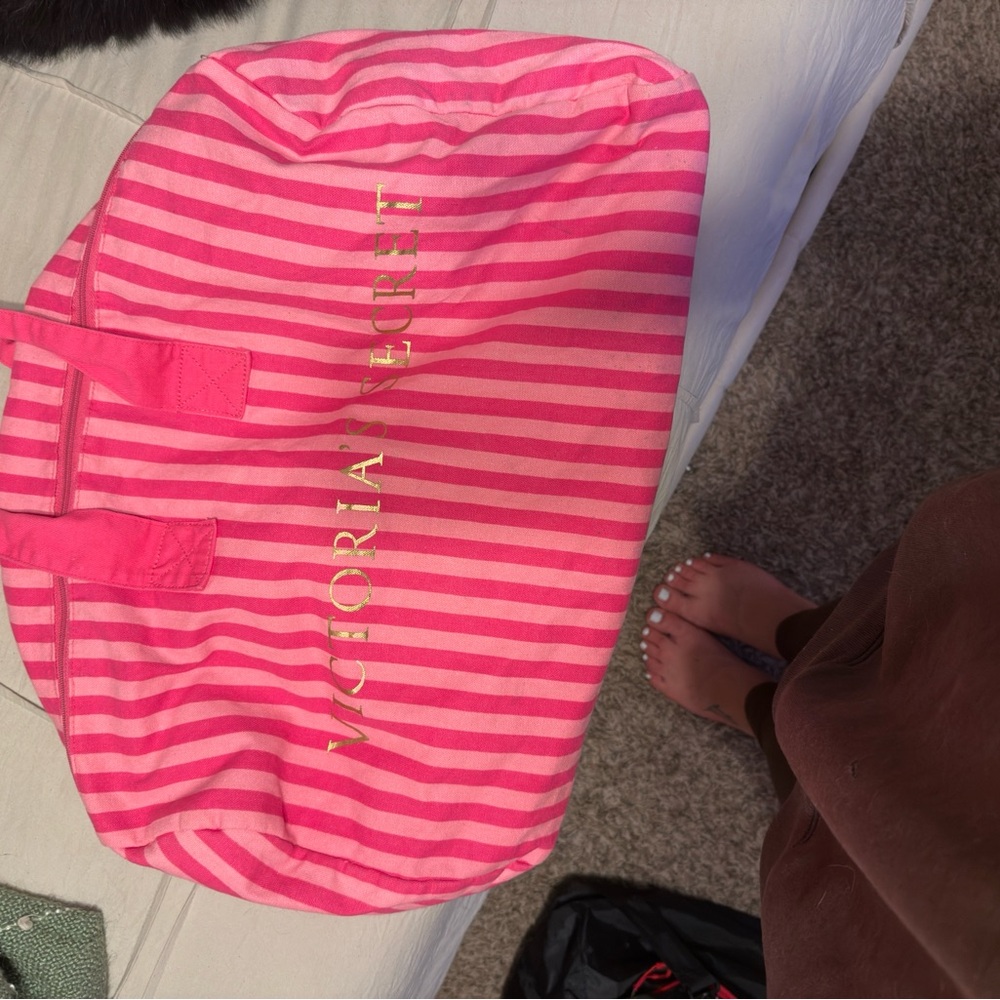Victoria's Secret Pink Striped Bag with Gold Lettering